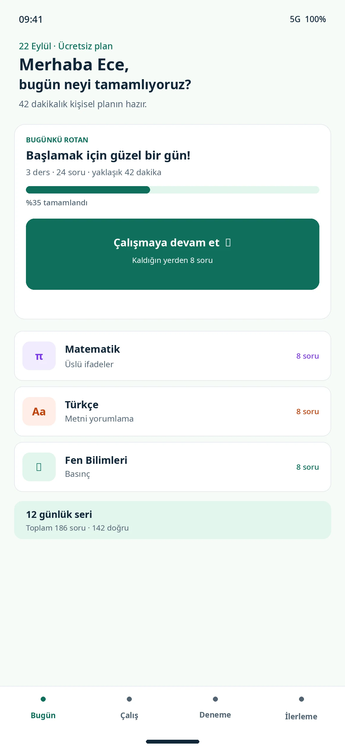 LGS Atlas akıllı günlük çalışma planı ekranı